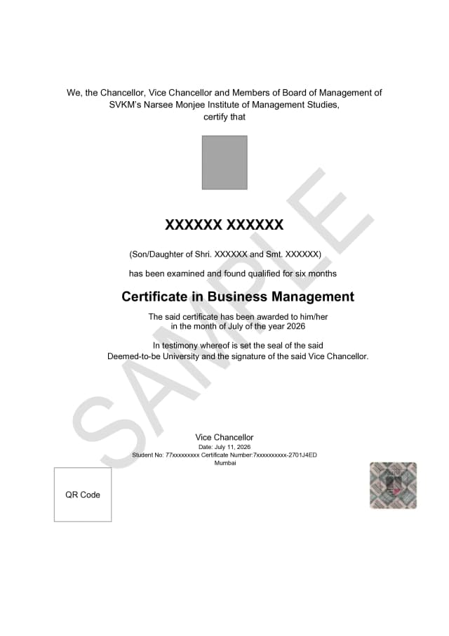 NMIMS Online Certificate in Business Management – official degree certificate sample