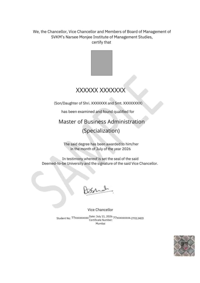 NMIMS Online MBA Degree Certificate – official degree certificate sample