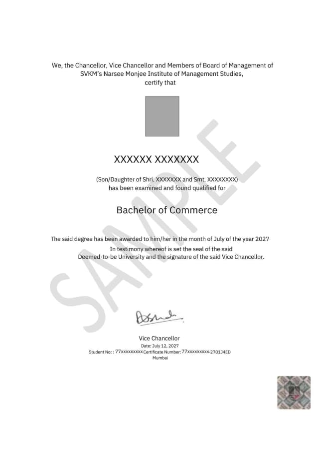 NMIMS Online BBA Degree Certificate – official degree certificate sample