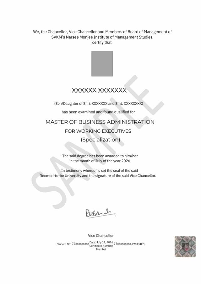 NMIMS Online MBA WX Degree Certificate – official degree certificate sample
